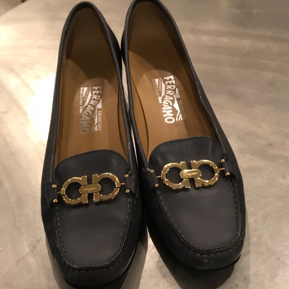 Ferragamo block heel loafer with stacked heel.